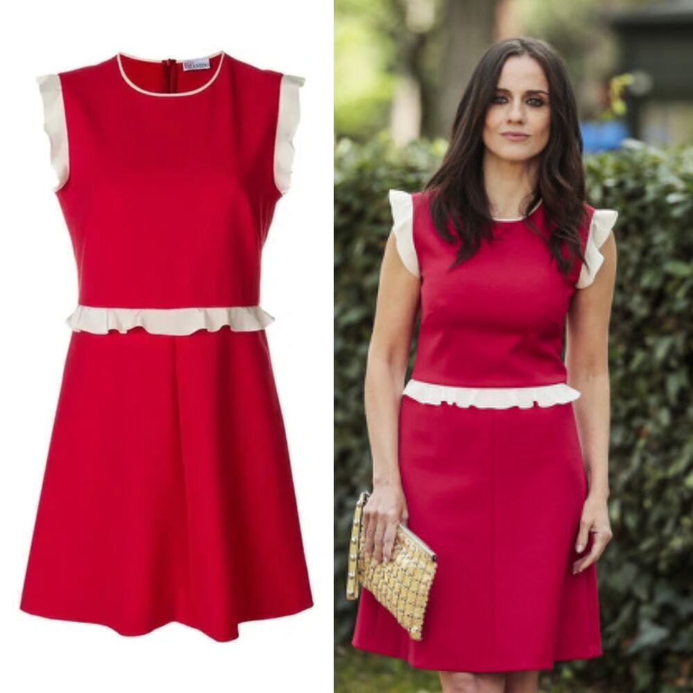 Red Valentino Dress Ruffle Trimmed Crepe Mini A-Line Amarillo Red & White XS